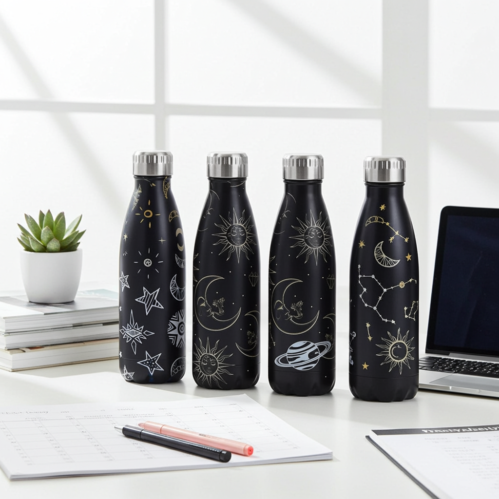 Astro 304 Stainless Steel Water Bottle in an office with a laptop, pens and a calendar