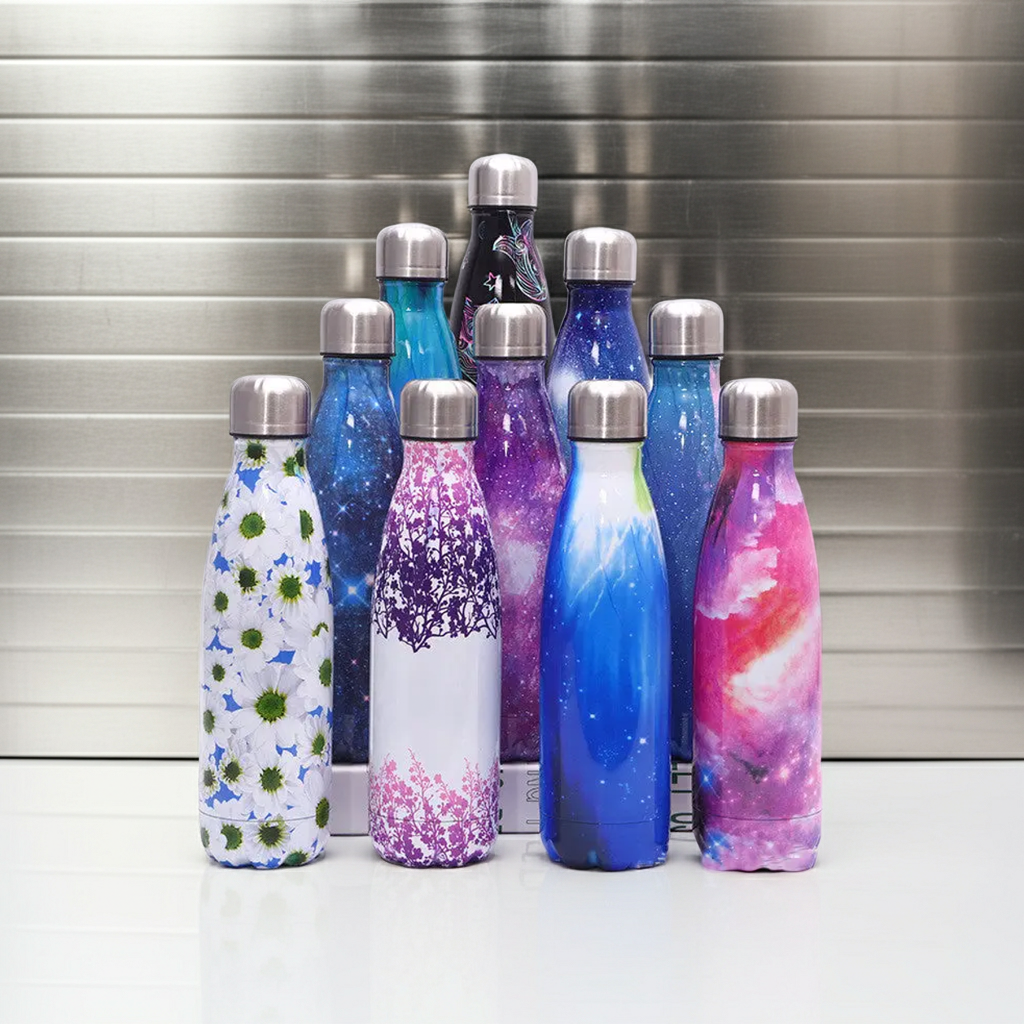 304 Stainless Steel Multicolor Water Bottle full collection on a metallic background