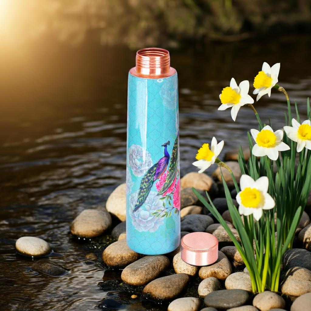 The Royal Peacock Printed Stainless Steel Bottle on stones next to tulips and a stream 