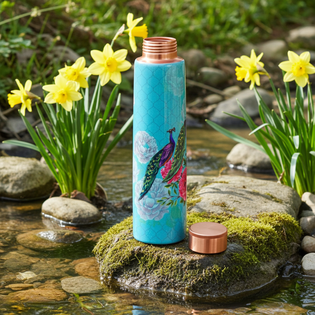 The Royal Peacock Printed Stainless Steel Bottle on a rock with tulips growing in a stream 