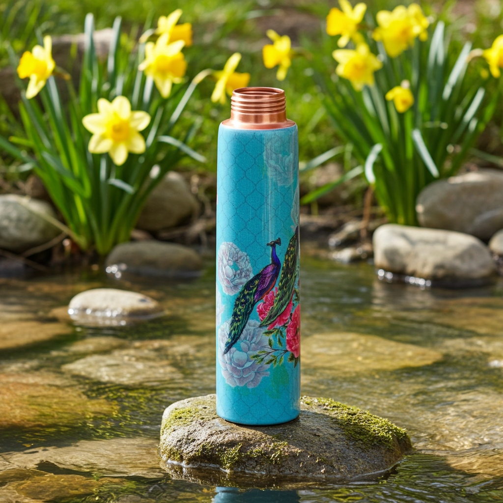 The Royal Peacock Printed Stainless Steel Bottle on a rock in a gentle stream 