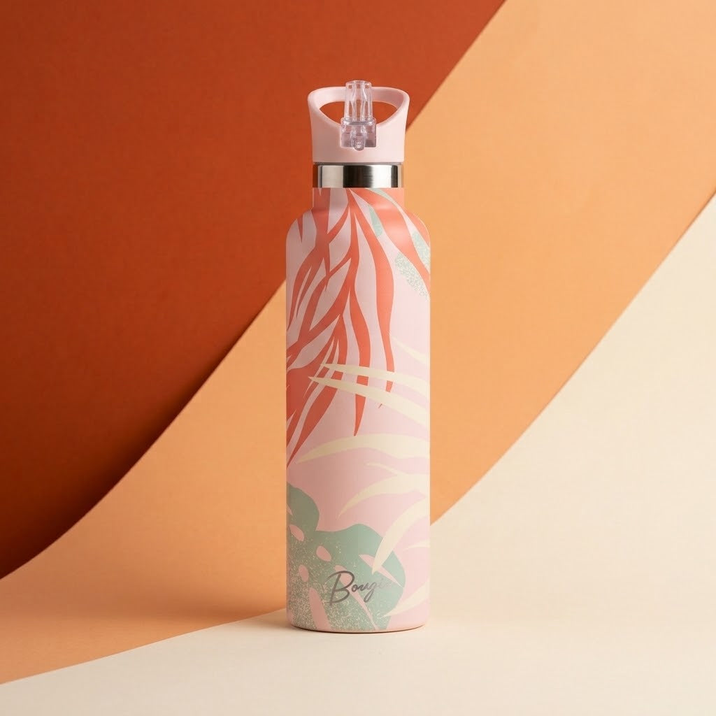 Ahe 25 oz Insulated Bottle | 3D Orange Palm on a red, peach and cream background