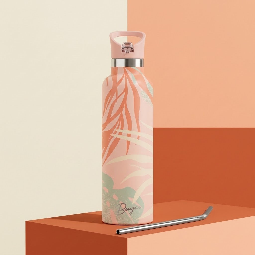 Ahe 25 oz Insulated Bottle | 3D Orange Palm on a cream block with a metal straw