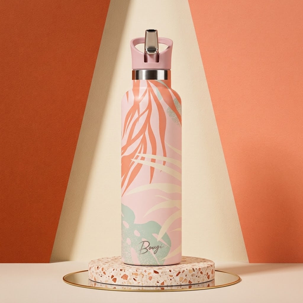 Ahe 25 oz Insulated Bottle | 3D Orange Palm on a round platform in a studio