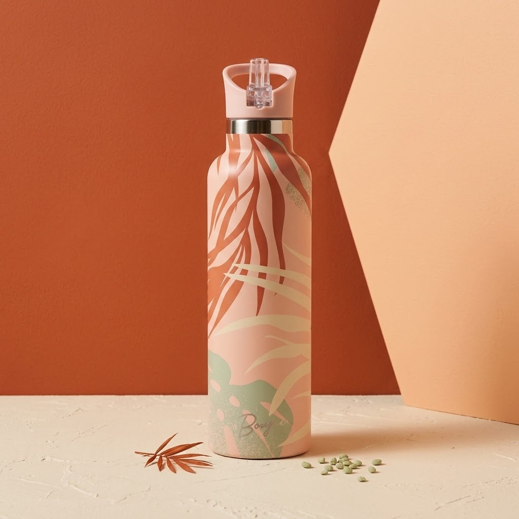 Ahe 25 oz Insulated Bottle | 3D Orange Palm in a burgundy and cream studio scene 