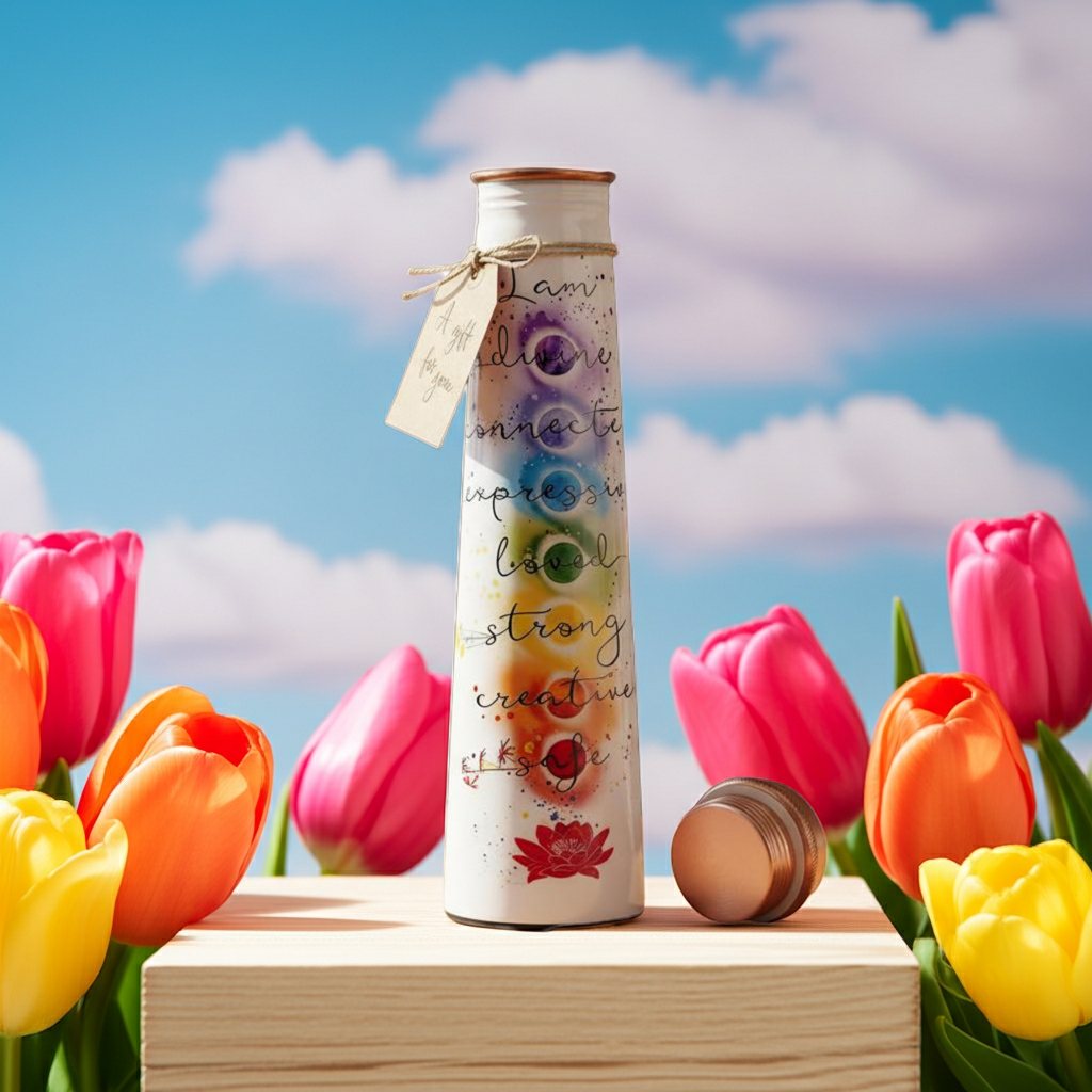 Pure Copper Water Bottle, 7 Chakra Design on a wooden block next to tulips