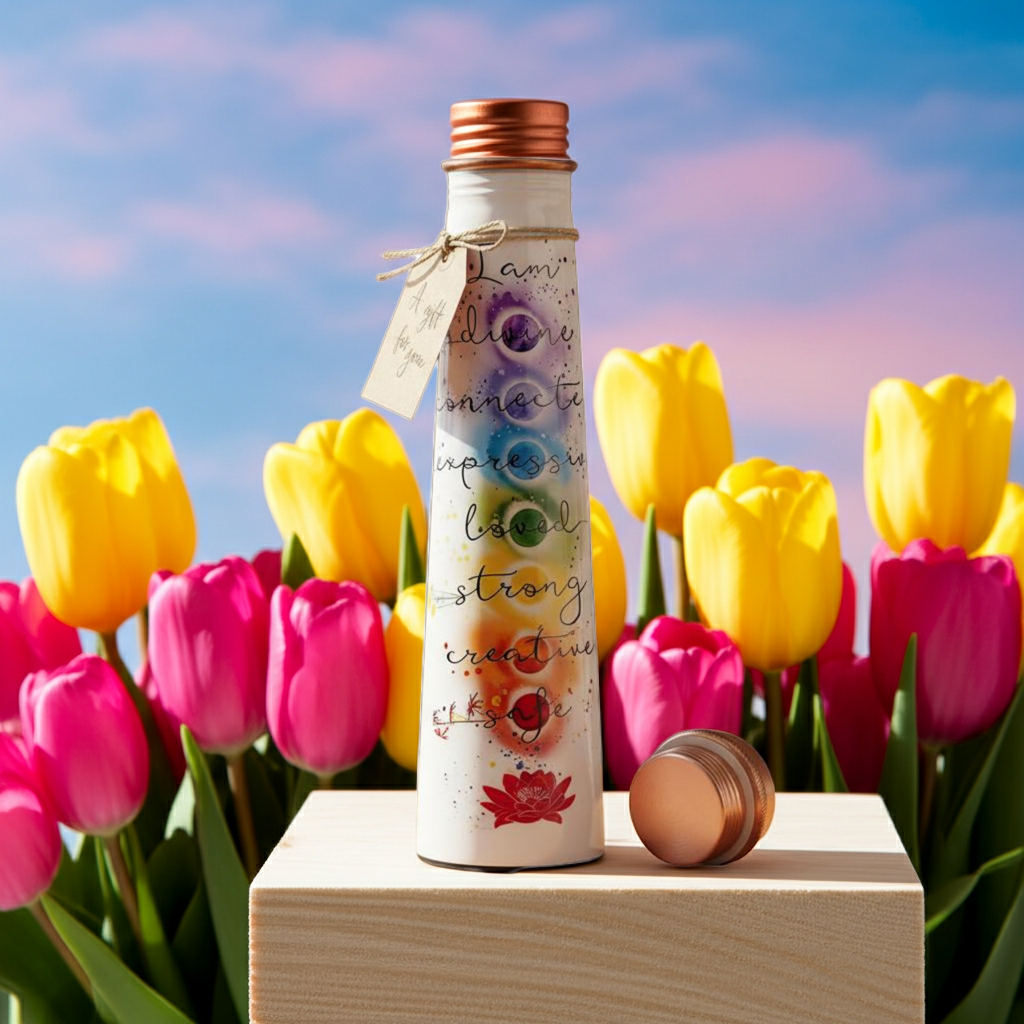 Pure Copper Water Bottle, 7 Chakra Design surrounded by tulips on a spring day