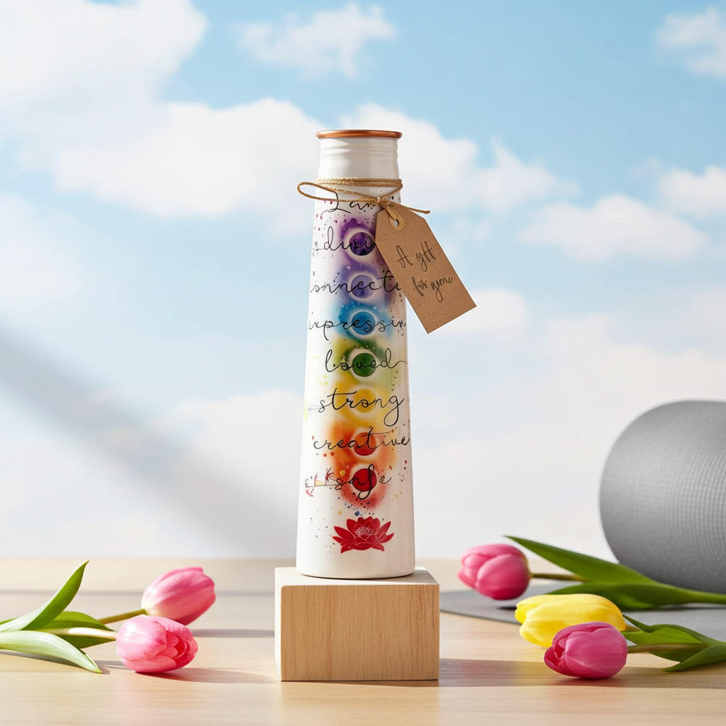 Pure Copper Water Bottle, 7 Chakra Design on a wooden surface with flowers, a yoga mat and a sky background