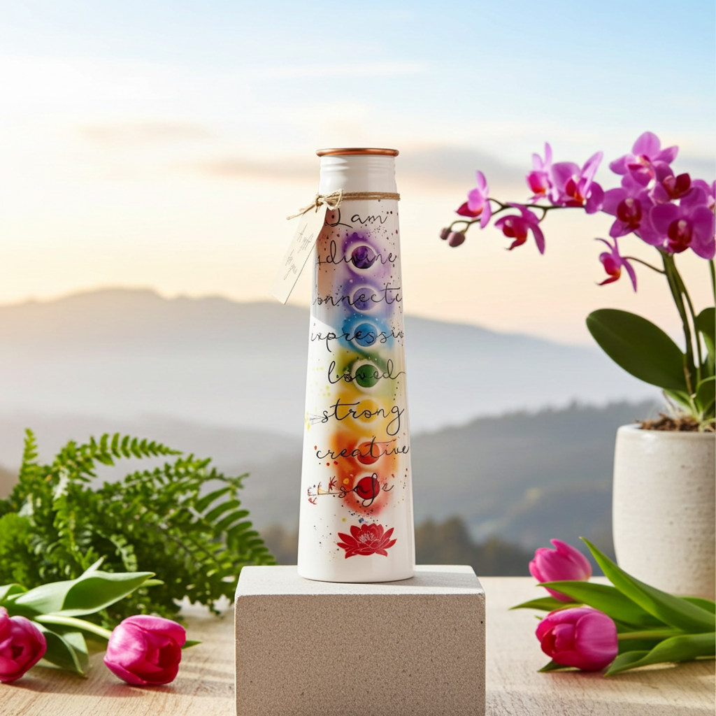 Pure Copper Water Bottle, 7 Chakra Design with flowers and other plants overlooking a hilly landscape