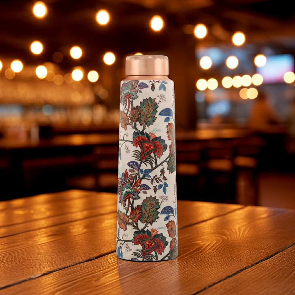 Copper Bottle with Mughal Floral Print in a nighttime bar scene