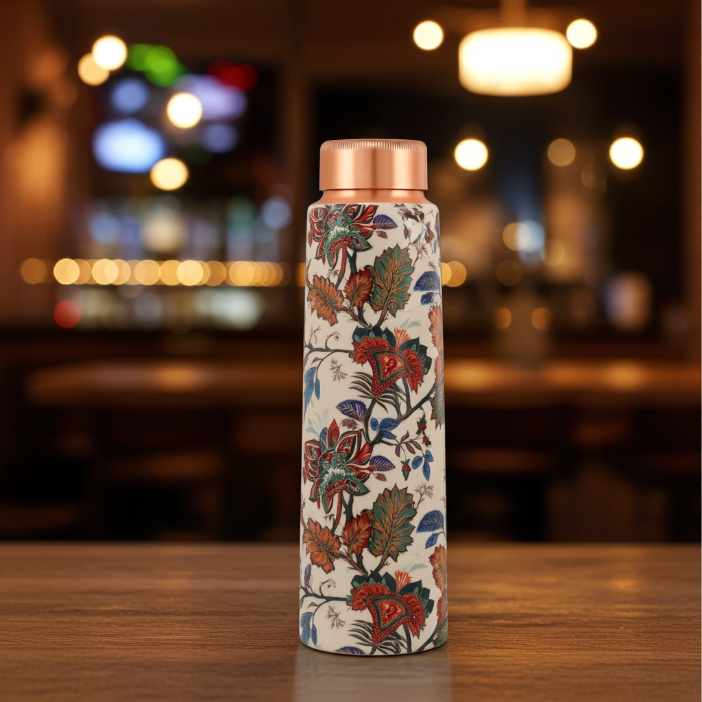 Copper Bottle with Mughal Floral Print on a table at a restaurant 