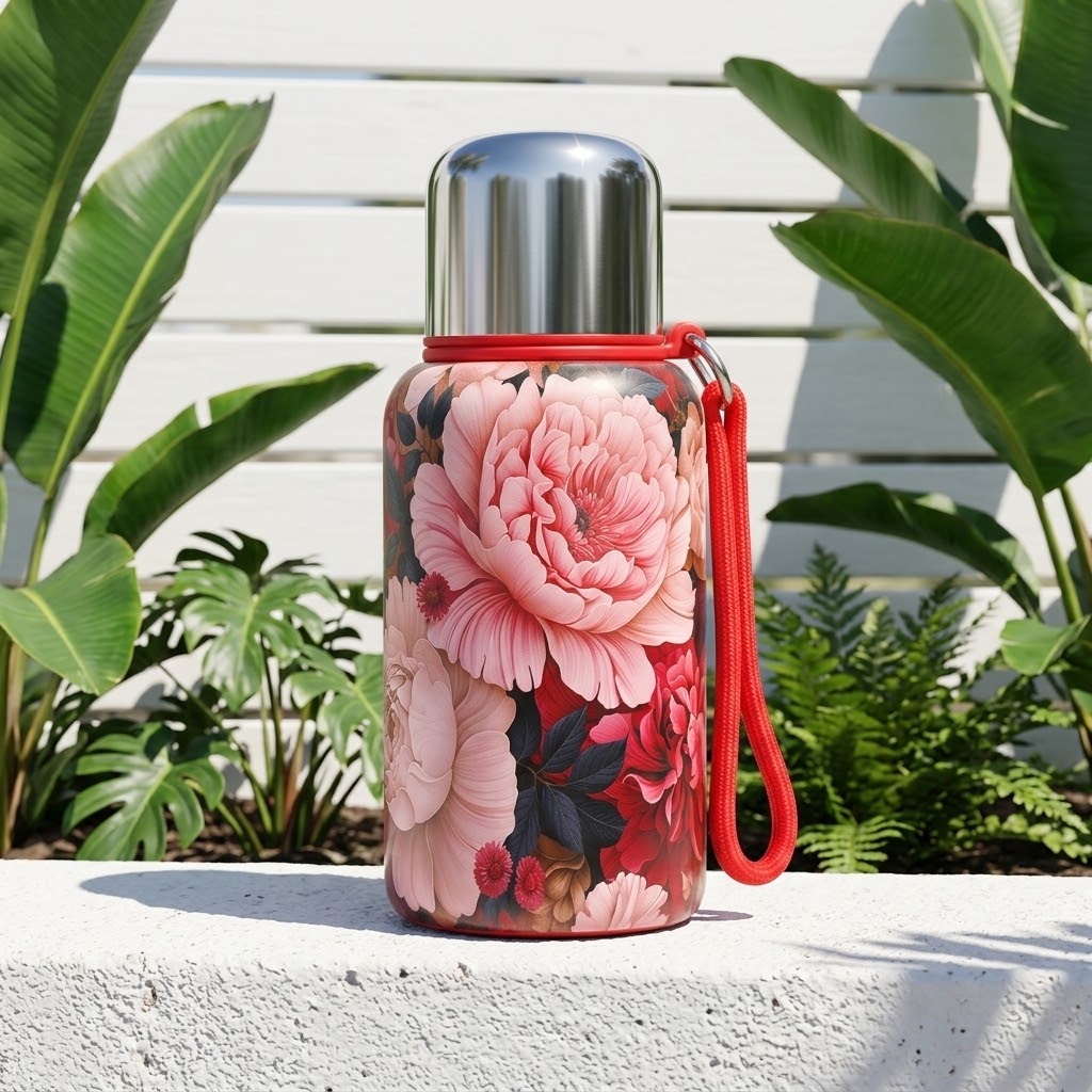 Floral Stainless Steel Insulated Bottle in a summer garden scene