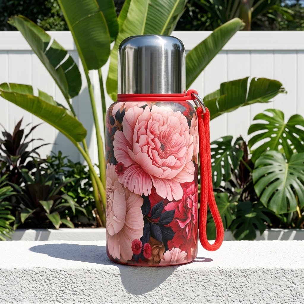 Floral Stainless Steel Insulated Bottle on a ledge next to a garden