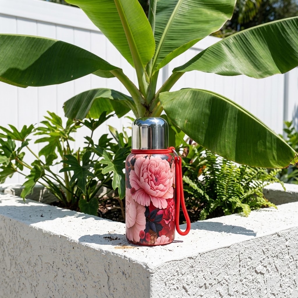 Floral Stainless Steel Insulated Bottle in a garden with green plants