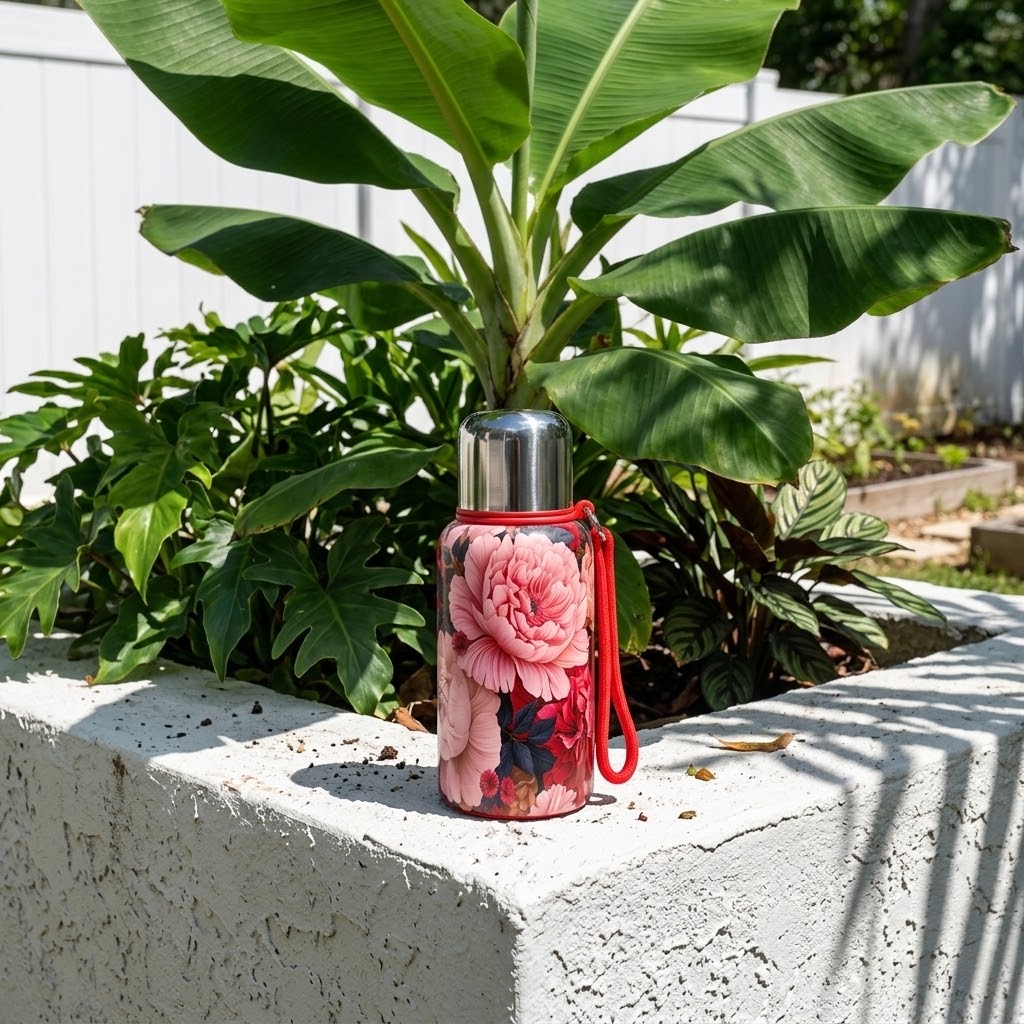 Floral Stainless Steel Insulated Bottle in a leafy garden setting