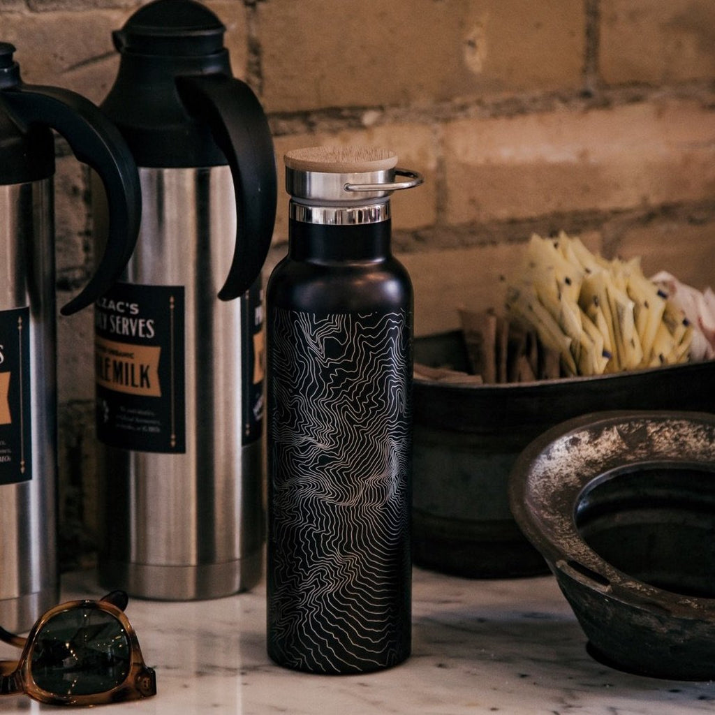 Mount Rainier - Washington Map Bottle with Bamboo Top in Matte Black