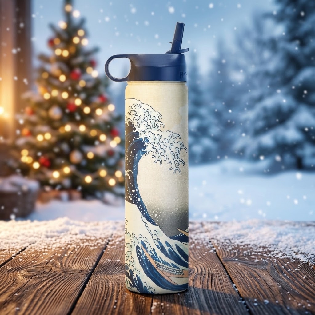 Hokusai "The Great Wave" 24 oz Insulated Tumbler on a wooden table in winter