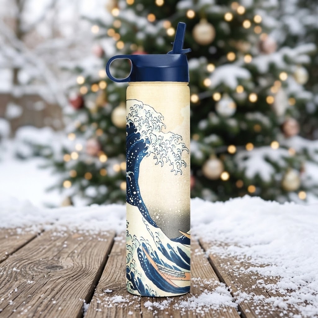 Hokusai "The Great Wave" 24 oz Insulated Tumbler in a festive winter scene