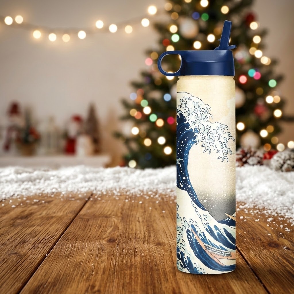 Hokusai "The Great Wave" 24 oz Insulated Tumbler in a Christmas scene