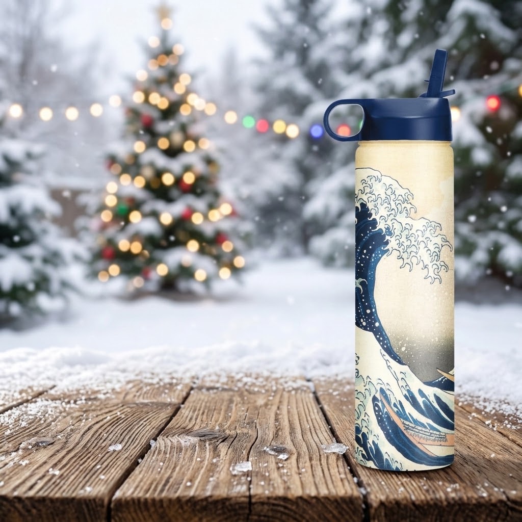Hokusai "The Great Wave" 24 oz Insulated Tumbler in a winter outdoor scene with a Christmas tree