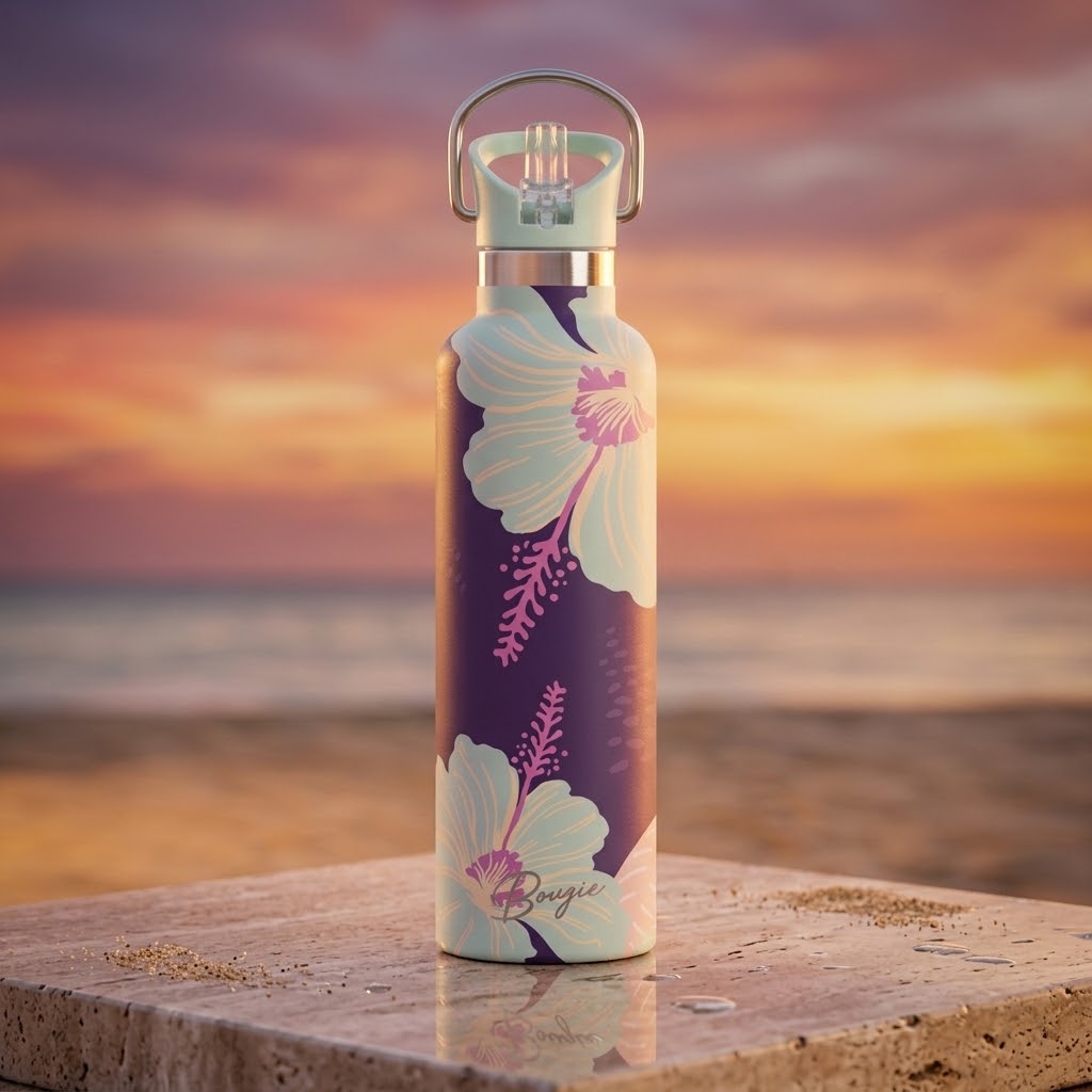 Nani 25 oz Insulated Bottle | 3D Jade Hibiscus atop a marble platform at a beach