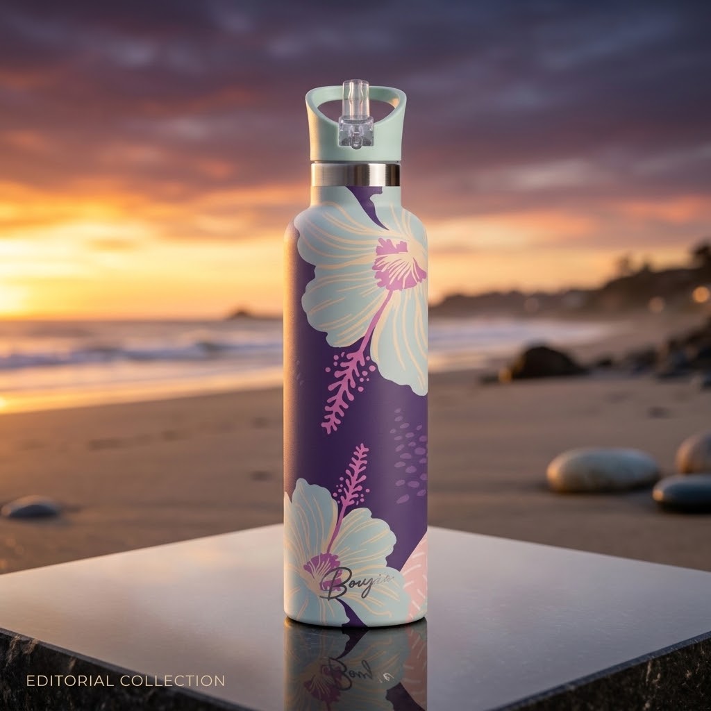 Nani 25 oz Insulated Bottle | 3D Jade Hibiscus on a platform on a beach at dusk