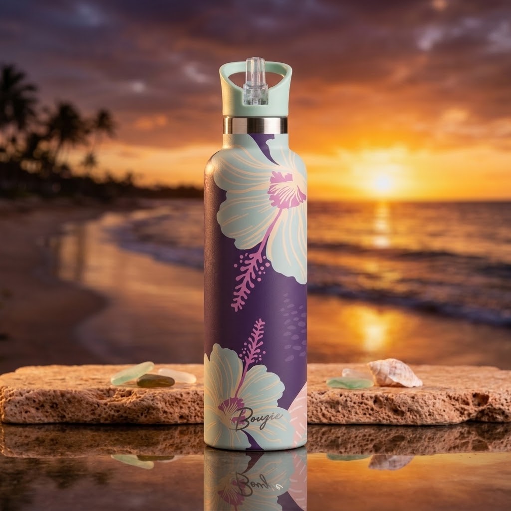Nani 25 oz Insulated Bottle | 3D Jade Hibiscus on a beach at sunset