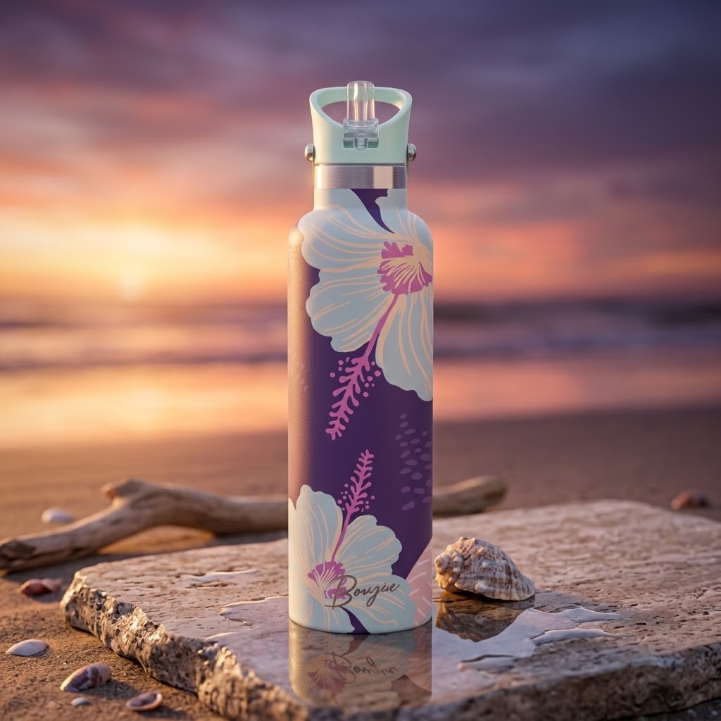 Nani 25 oz Insulated Bottle | 3D Jade Hibiscus with seashells on a beach at sunset