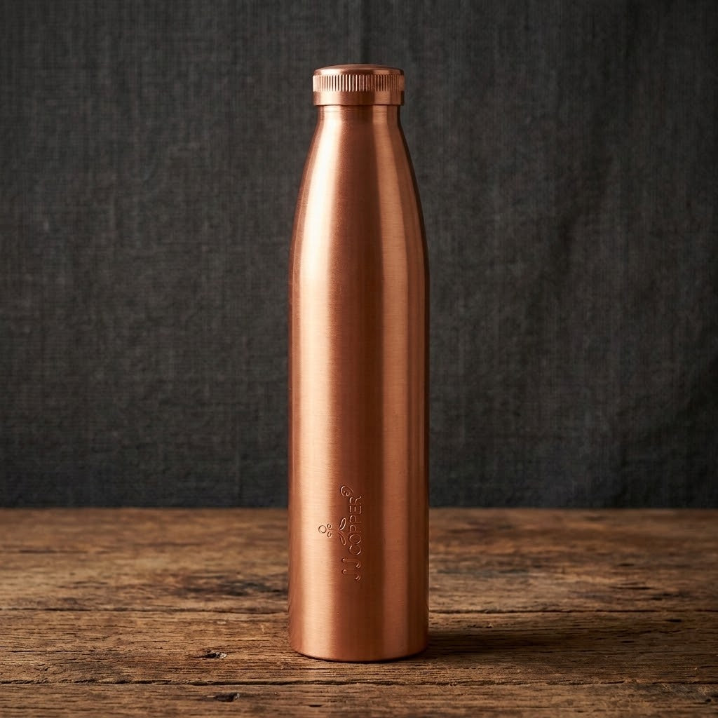 JJ Copper Water Bottle 1000ml on a wooden surface 