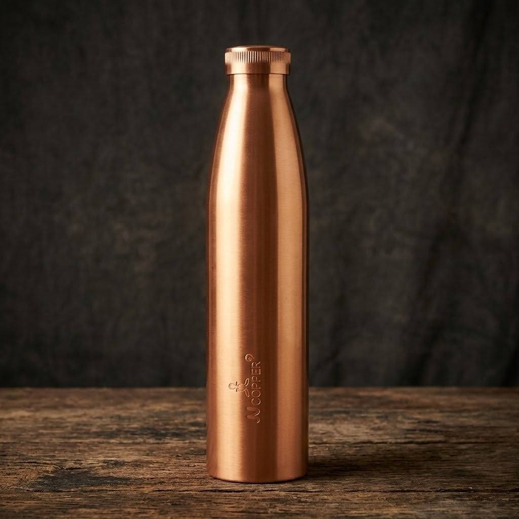 JJ Copper Water Bottle 1000ml on a rustic wooden background