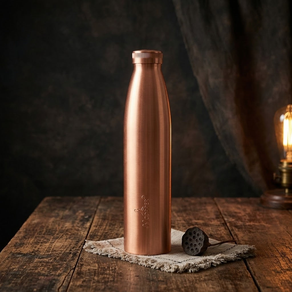 JJ Copper Water Bottle 1000ml on a cloth with a lantern in a rustic scene