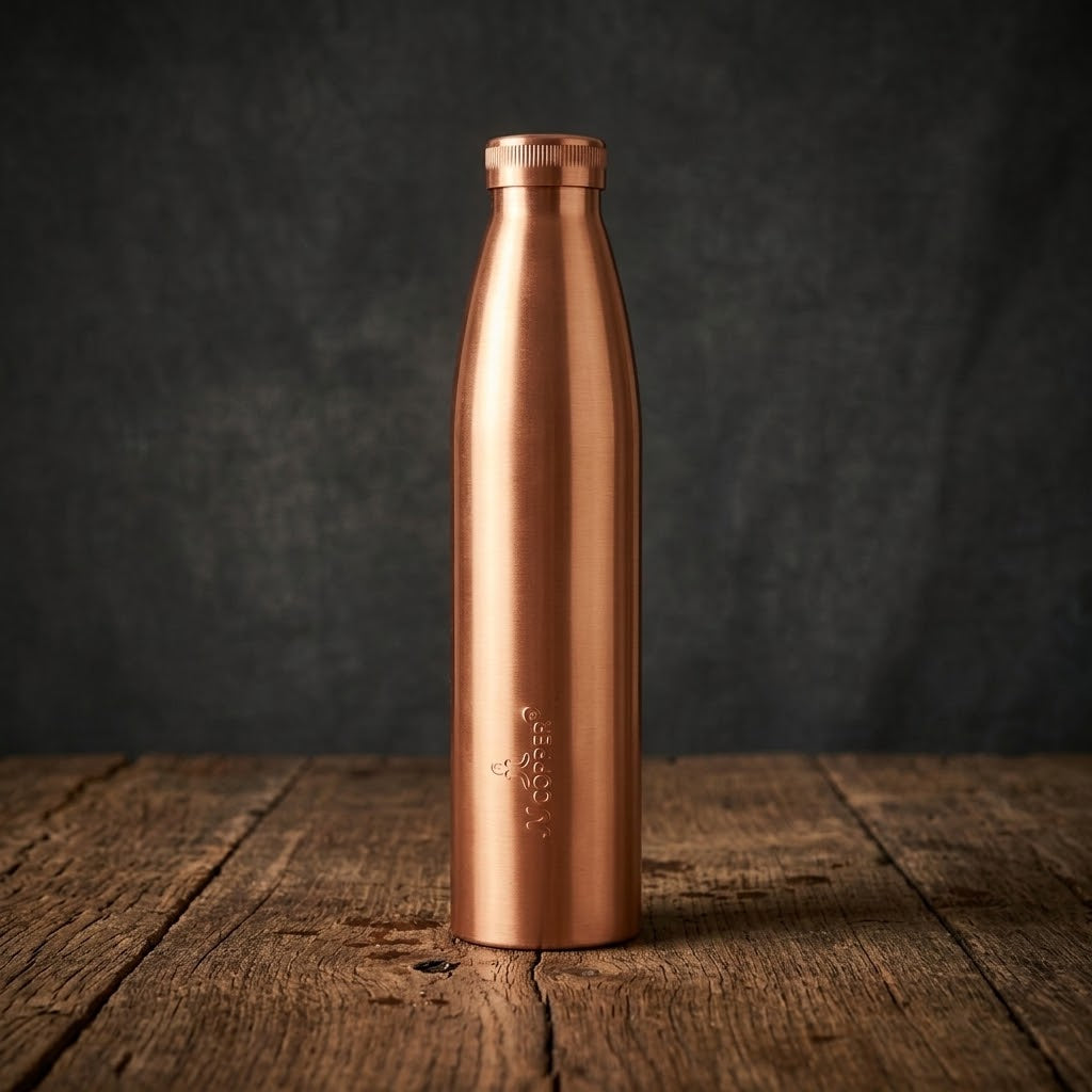 JJ Copper Water Bottle 1000ml in a primitive wooden studio setting