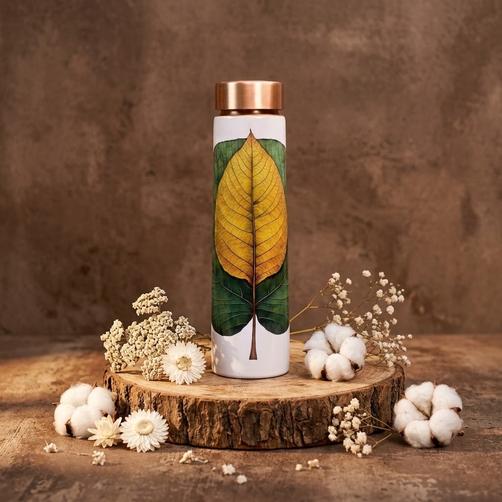 Sowpeace Ethereal Leaf Copper Bottle in a fall studio scene