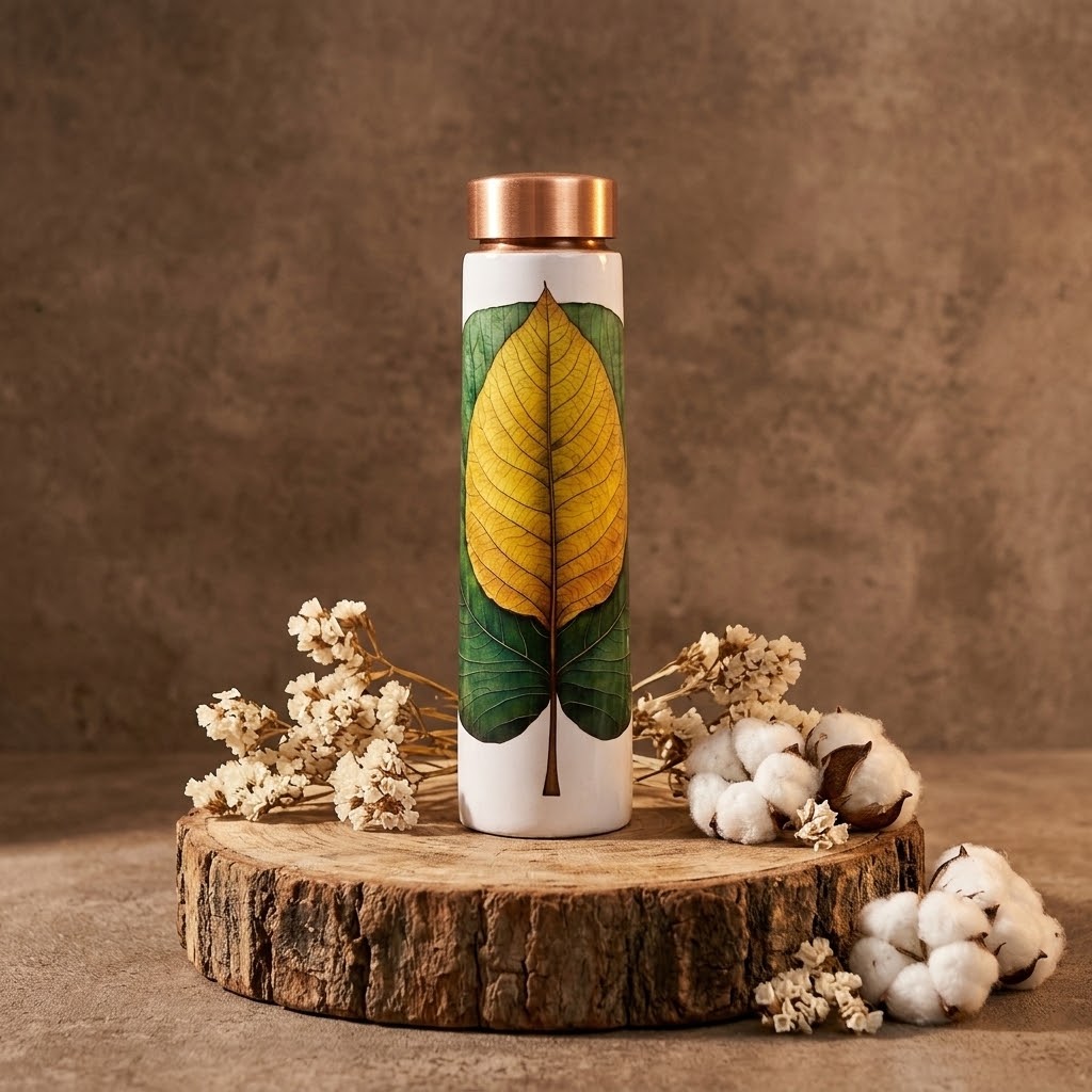 Sowpeace Ethereal Leaf Copper Bottle on a round wooden platform in a studio