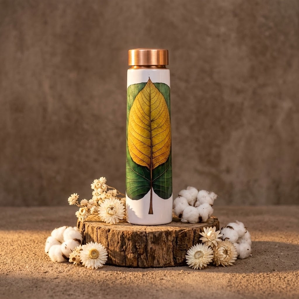 Sowpeace Ethereal Leaf Copper Bottle with cotton in a rustic setting