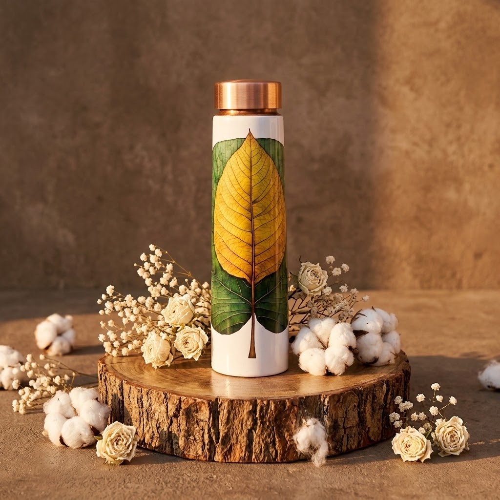 Sowpeace Ethereal Leaf Copper Bottle in a rustic studio scene