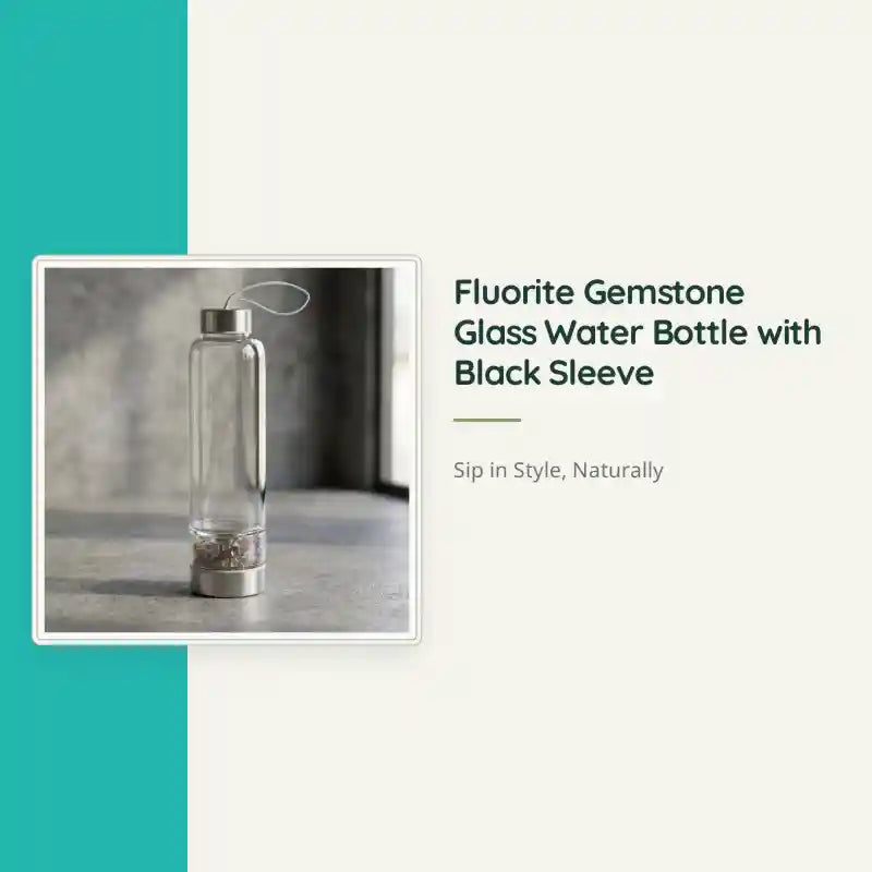 Fluorite Gemstone Glass Water Bottle with Black Sleeve by@Outfy