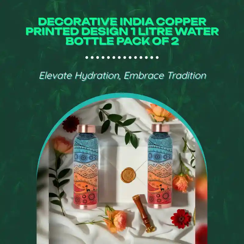 Decorative India Copper Printed Design 1 Litre Water Bottle Pack of 2 by@Outfy