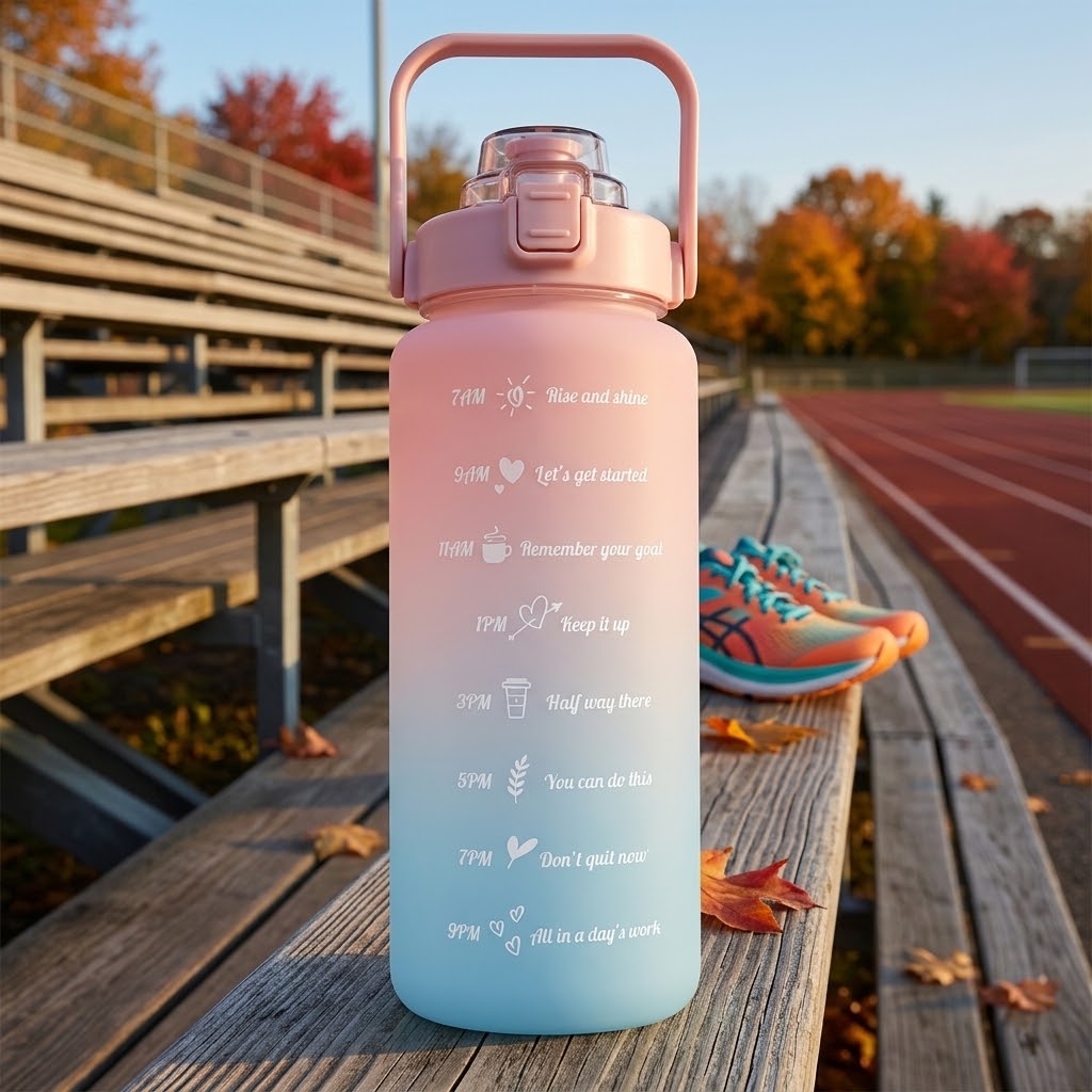 HydraTrack 68 oz Motivational Water Bottle on a wooden bleacher with cleats