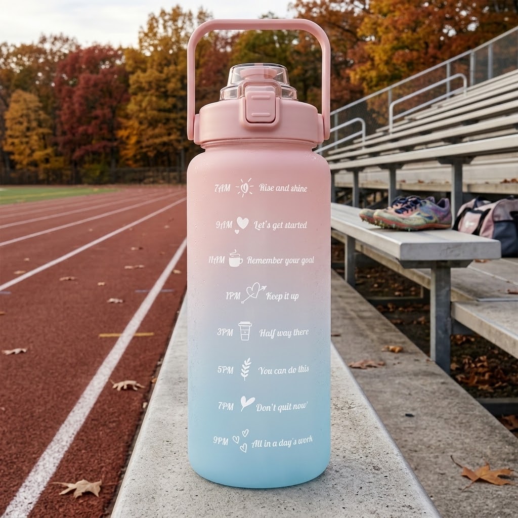 HydraTrack 68 oz Motivational Water Bottle with athletic gear on a fall day