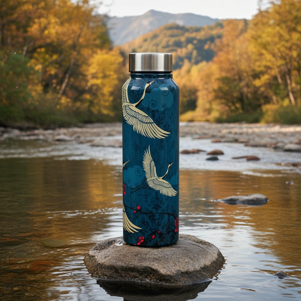 Legend of the Cranes Big Steel Bottle 750 mL on a rock in an autumnal stream