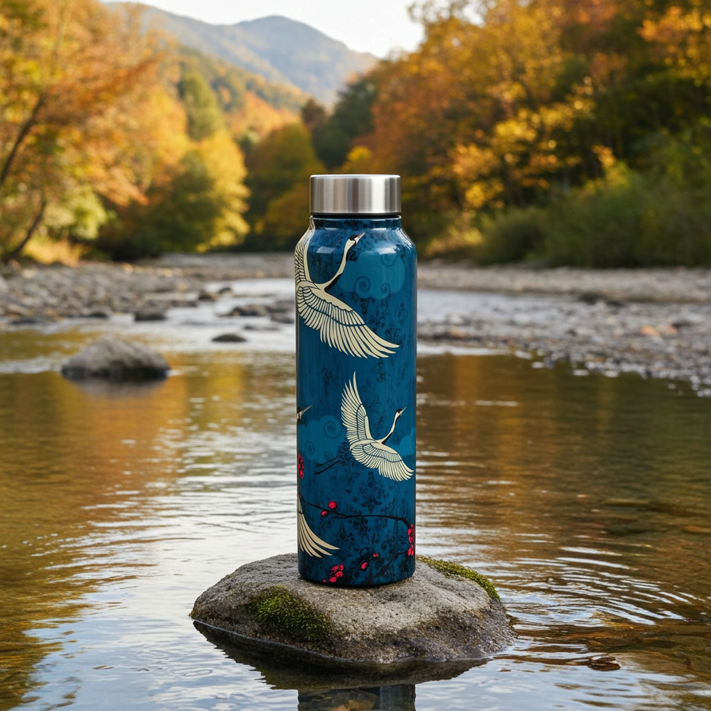 Legend of the Cranes Big Steel Bottle 750 mL on a rock in a river running through a forest