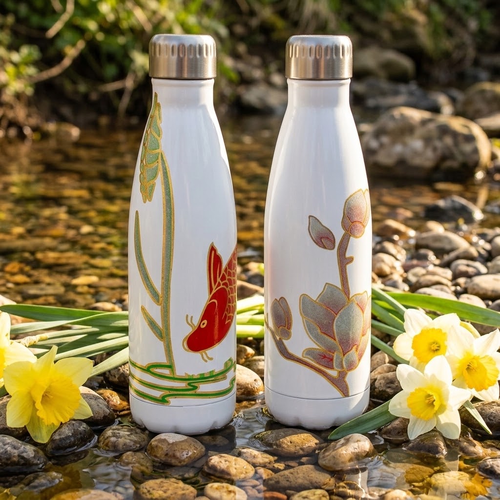 Underwater White Stainless Steel Bottle in a creek with flowers and stones