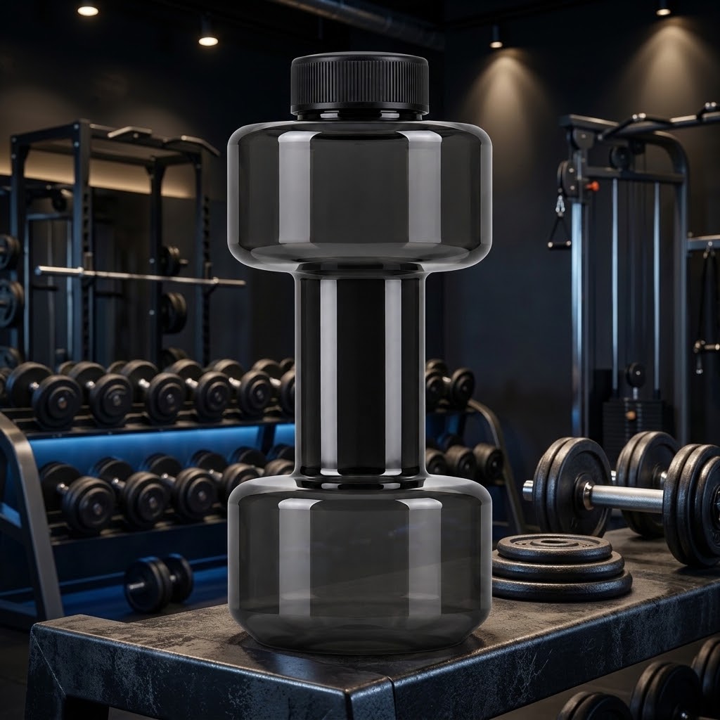 Dumbbell Water Bottle — 550ml next to a dumbbell rack at a gym