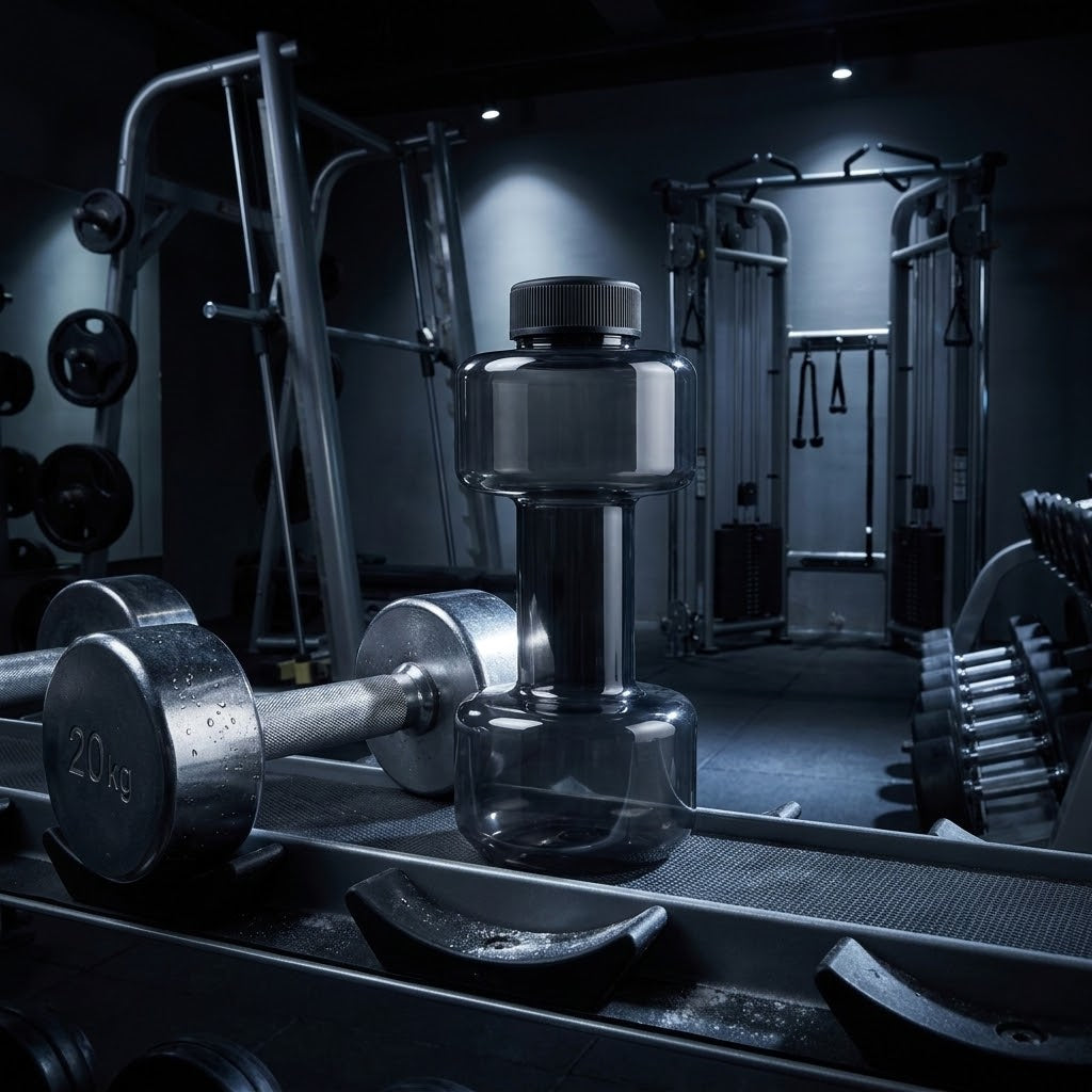 Dumbbell Water Bottle — 550ml in a gym with dramatic lighting 