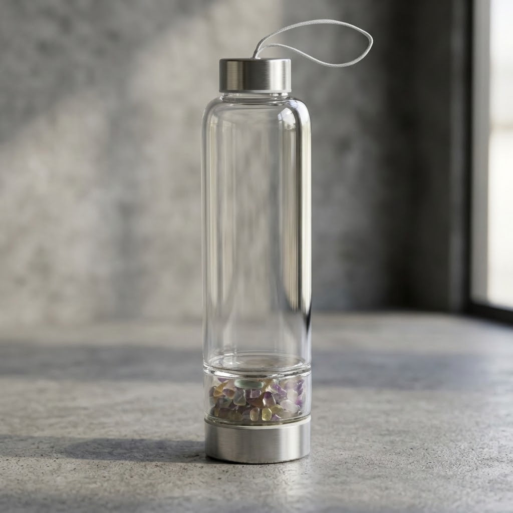 Fluorite Gemstone Glass Water Bottle with Black Sleeve in a gray studio setting