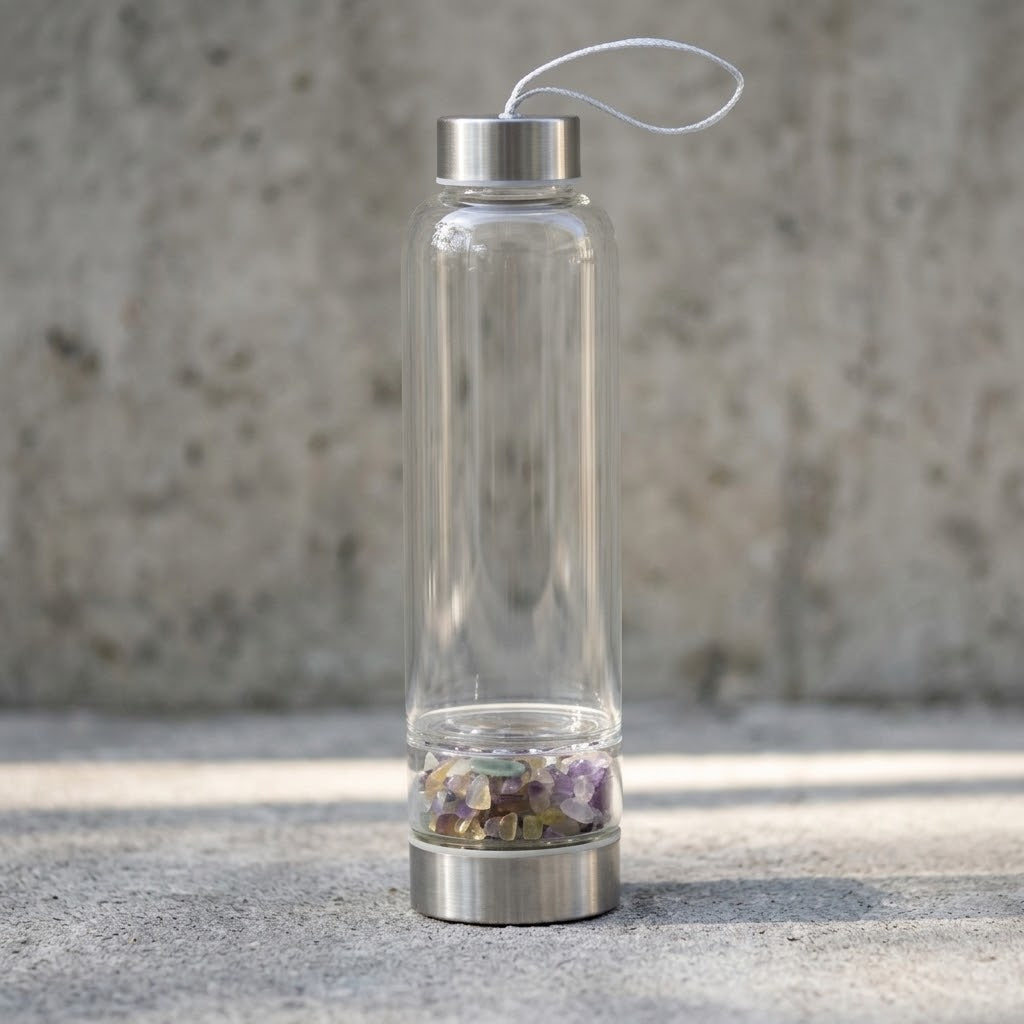Fluorite Gemstone Glass Water Bottle with Black Sleeve in a gray concrete setting
