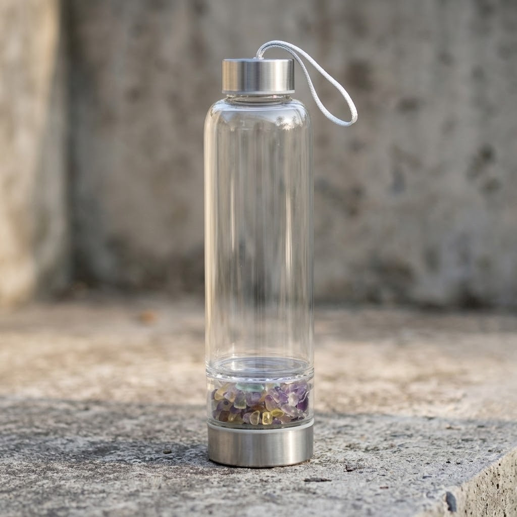 Fluorite Gemstone Glass Water Bottle with Black Sleeve on a concrete ledge