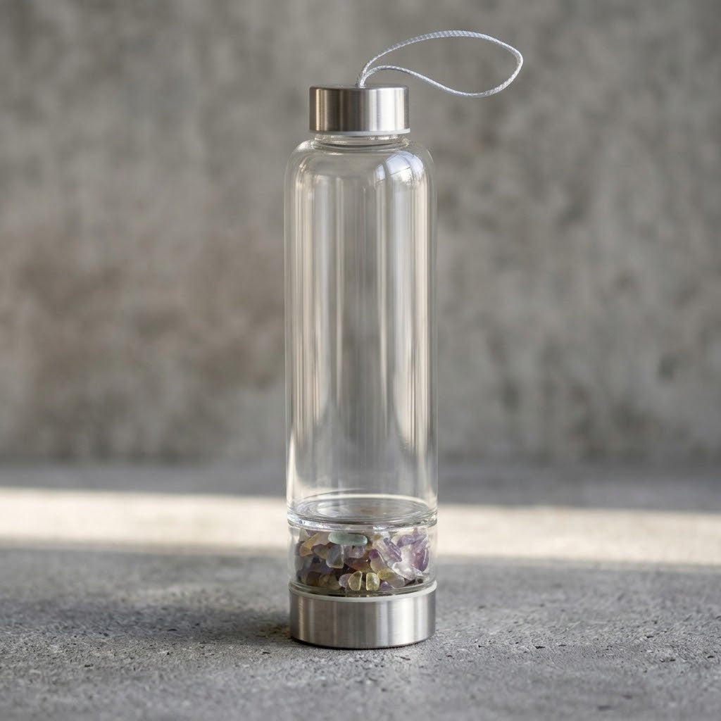 Fluorite Gemstone Glass Water Bottle with Black Sleeve in a spartan concrete scene