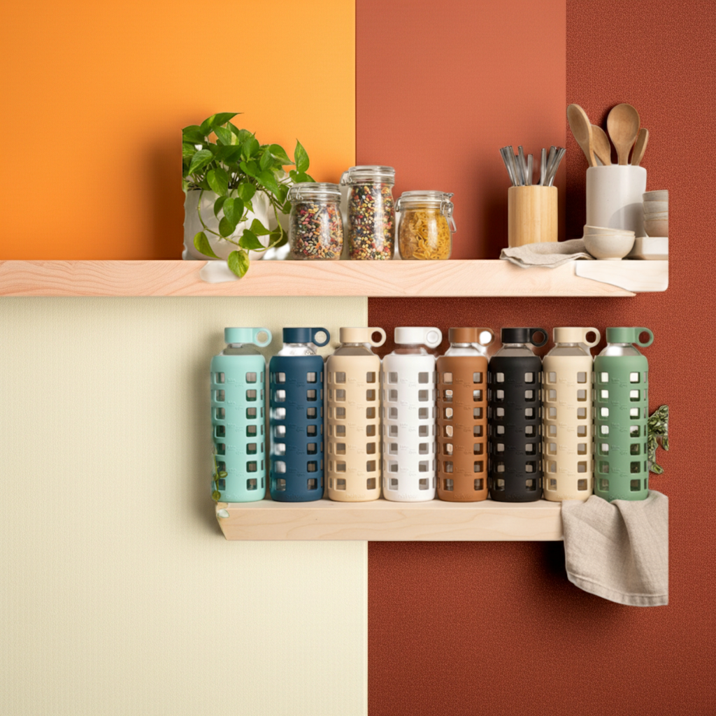 Purifyou premium glass water bottles displayed on kitchen shelf in multiple colors